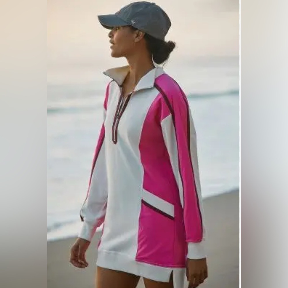 ANTHROPOLOGIE XXS Daily Practice PREPPY Color Block Twofer Mini Dress Pink White - Picture 4 of 16
